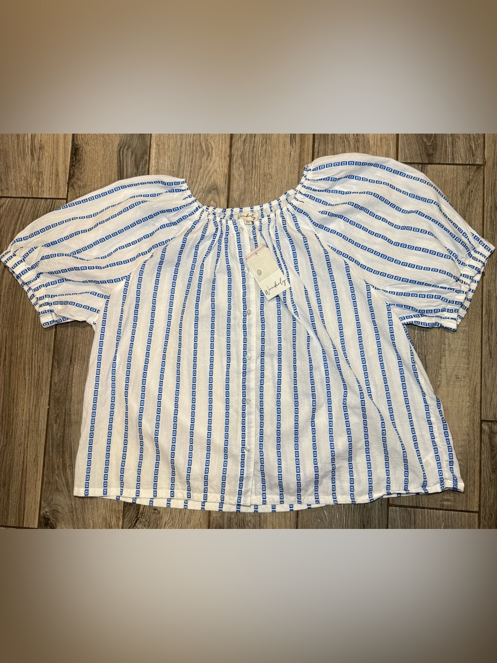 Wonderly White Tunic Top with Blue Print Stripes